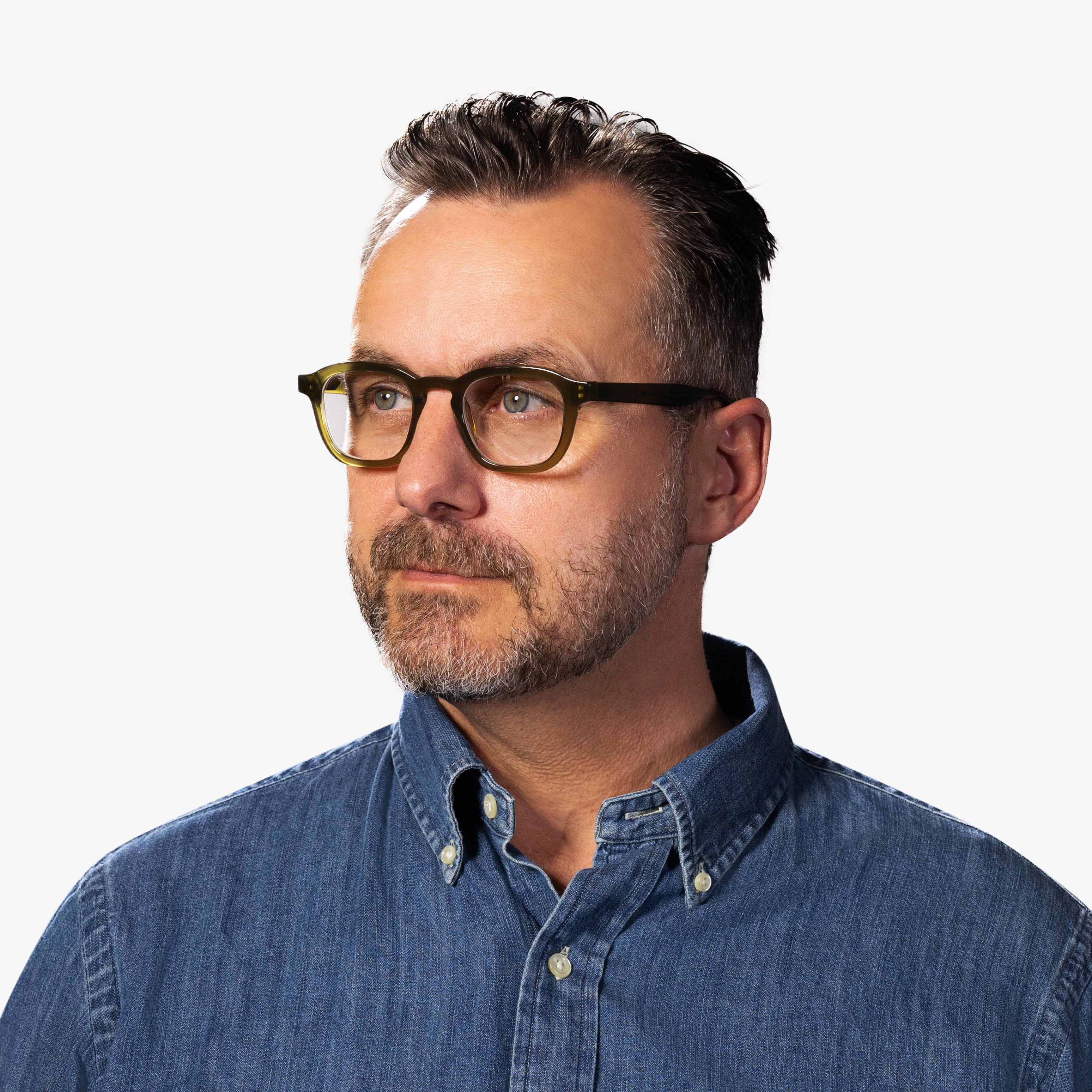 Luxreaders stylish Reykjavik Shiny Olive Reading glasses. Made from Bio-acetate in a Square shape.