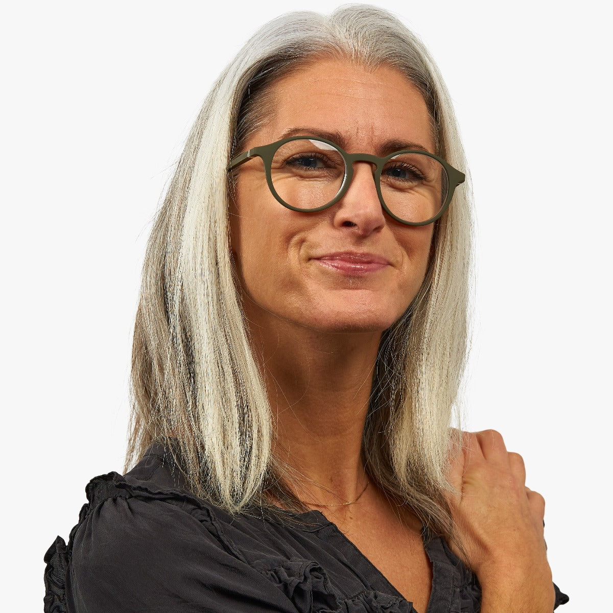 Luxreaders stylish Women's Læsø Dark Army Reading glasses. Made from Rubber in a Round shape.