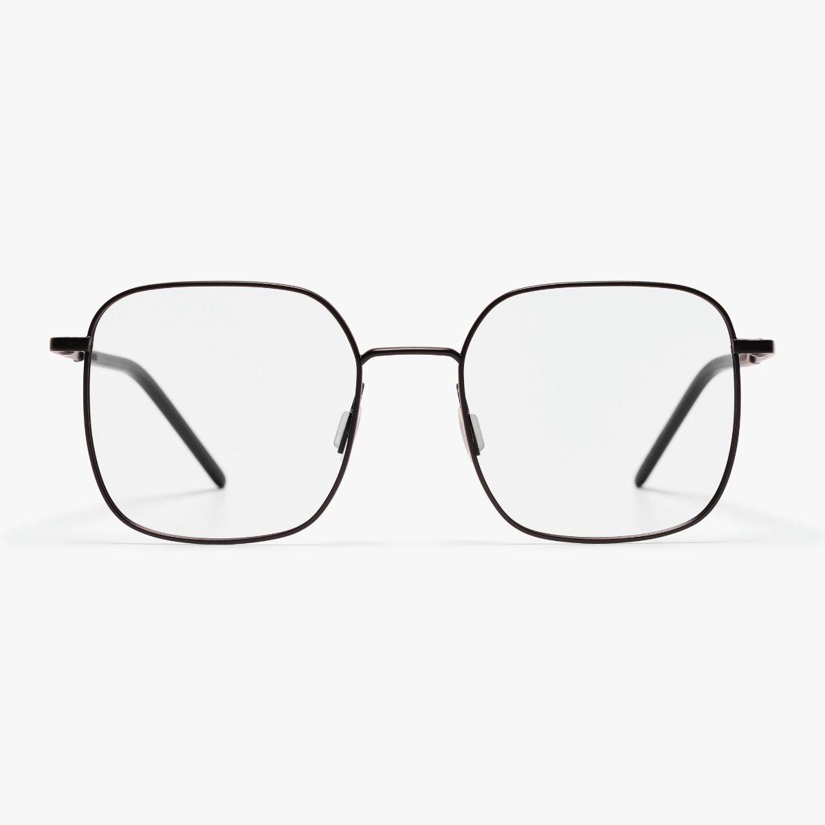 Square black metal frame glasses with clear lenses