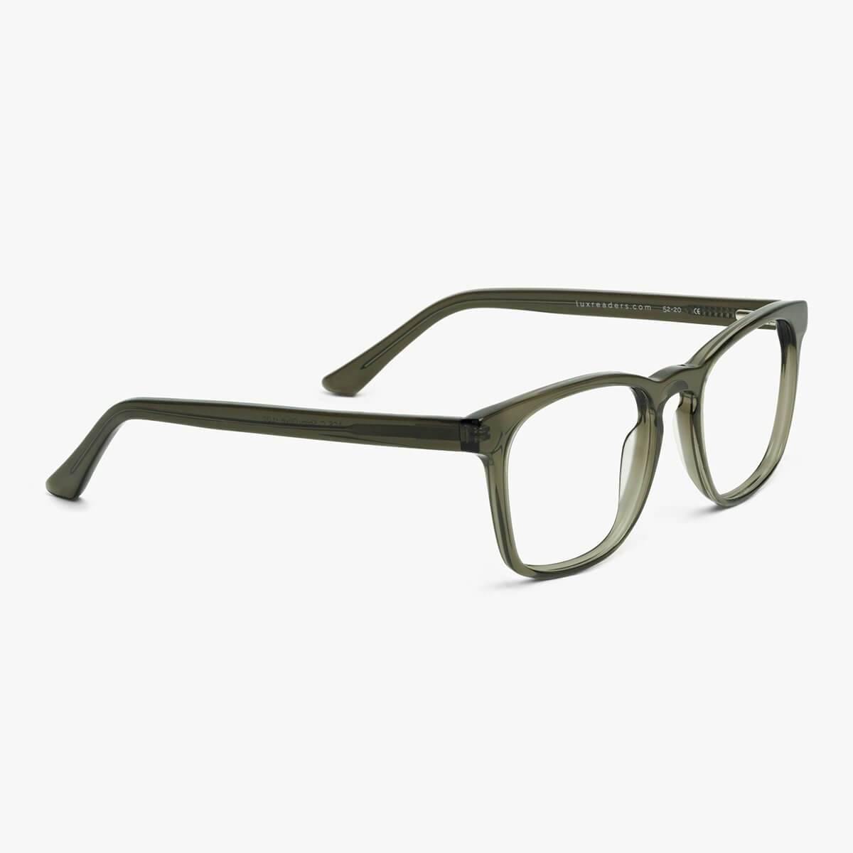 Bornholm Shiny Olive reading glasses with Luxreaders text on the temple