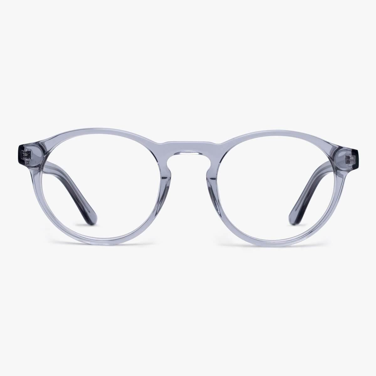 Luxreaders stylish Women's Trondheim Crystal Grey Blue light glasses. Made from Acetate in a Round shape.