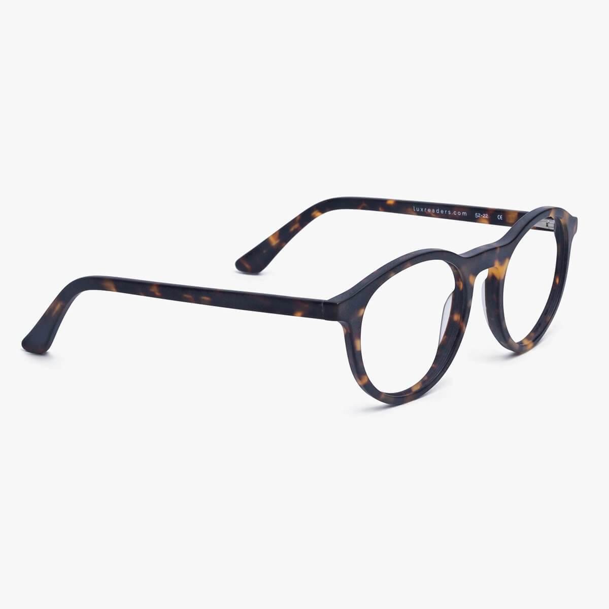 Luxreaders stylish Women's Løkken Dark Turtle Blue light glasses. Made from Acetate in a Round shape.
