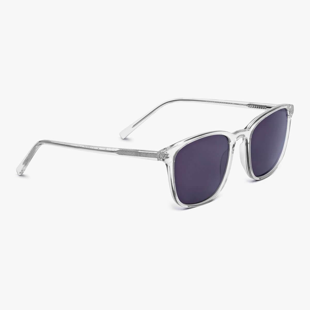 Ebeltoft Crystal White rectangular sunglasses with clear frame and dark lenses