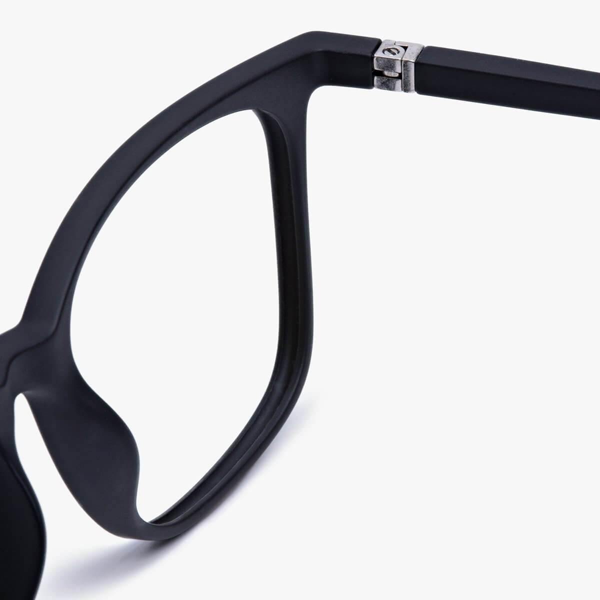 Close-up of black eyeglass frame hinge