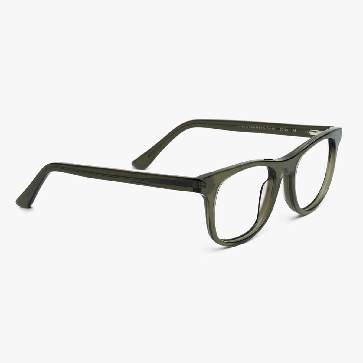 Men's shiny olive reading glasses with rectangular frames and Luxreaders branding