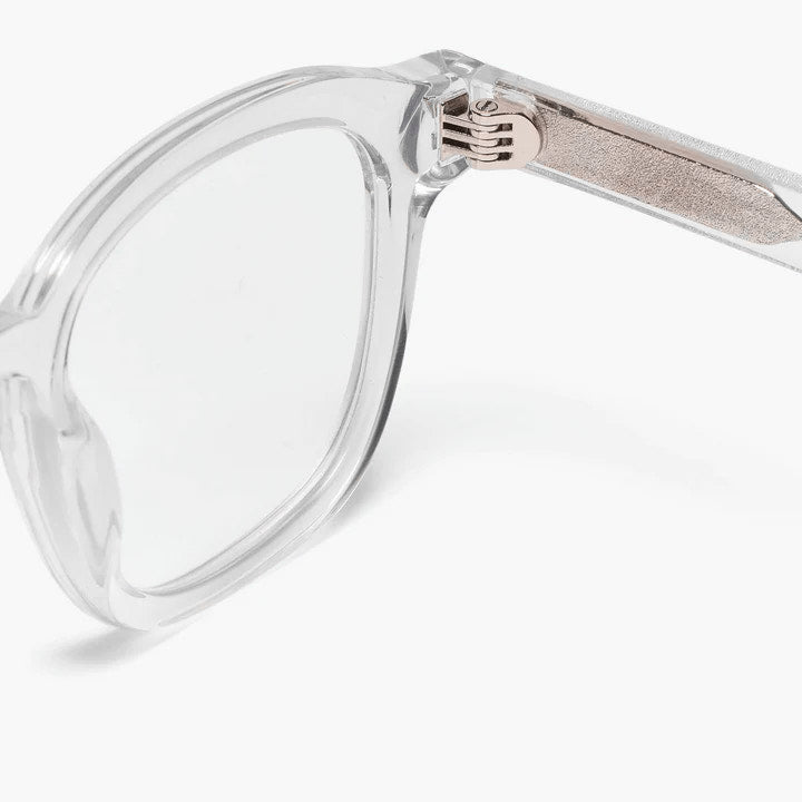 Close-up of Samsø Crystal White glasses with clear frame and silver hinge