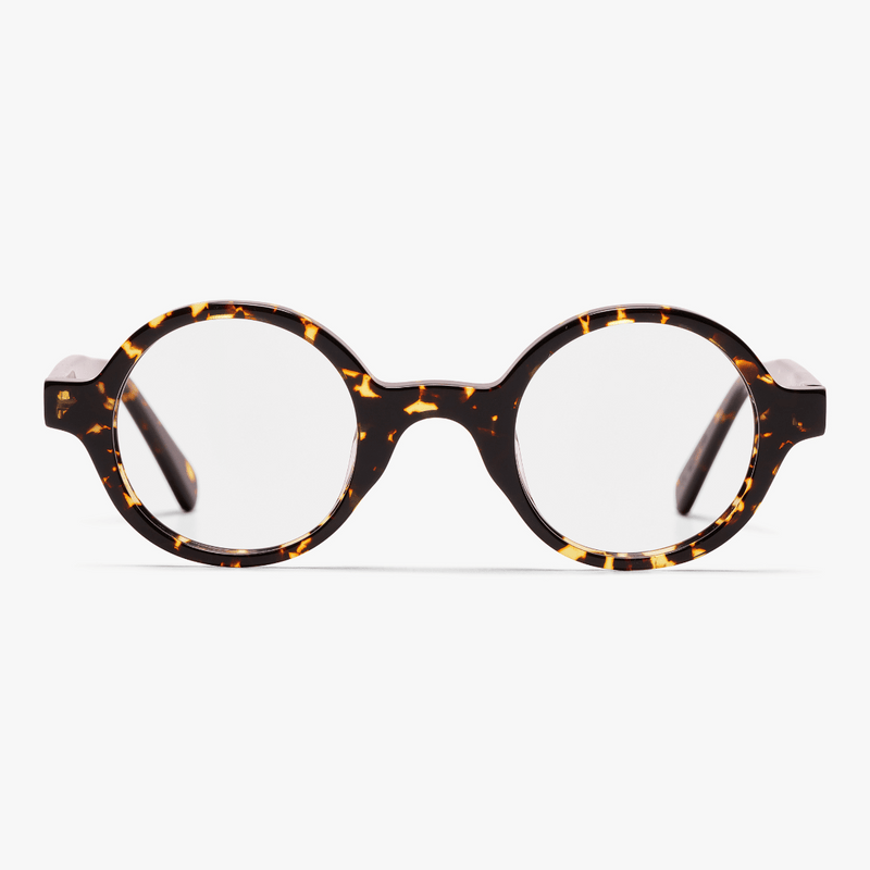 Round dark turtle reading glasses with tortoiseshell pattern