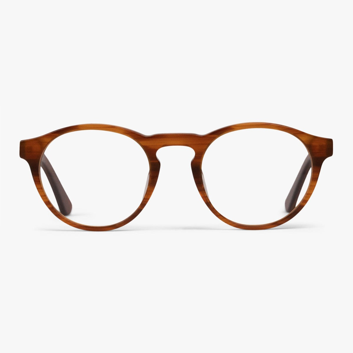 Luxreaders stylish Trondheim Shiny Walnut Reading glasses. Made from Acetate in a Round shape.