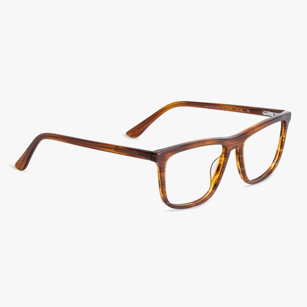 Luxreaders stylish Oslo Shiny Walnut Reading glasses. Made from Acetate in a Square shape.
