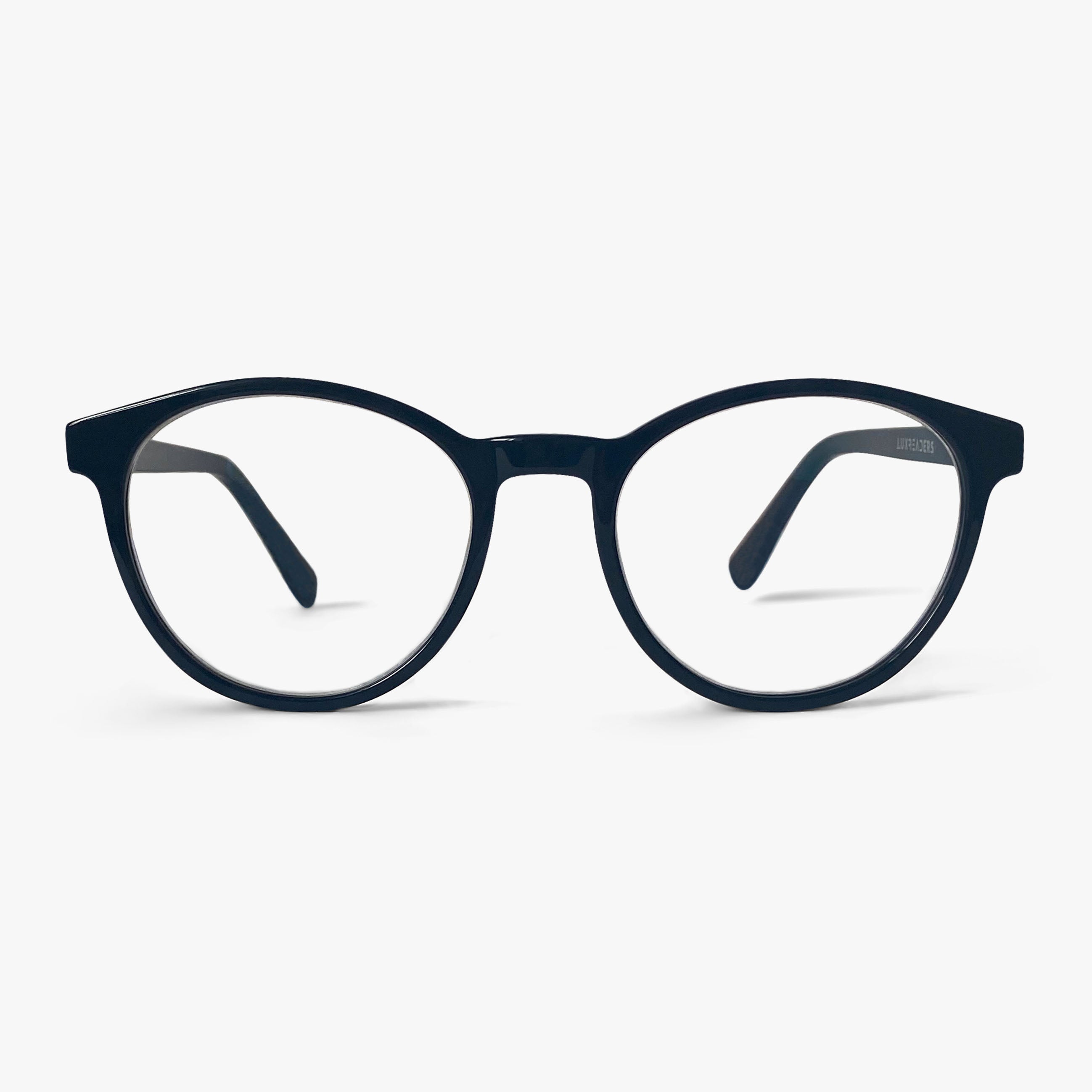 Sæby Black reading glasses with round frames and Luxreaders logo