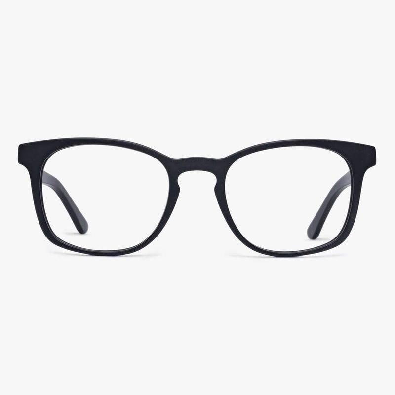 Black square eyeglasses with a matte finish