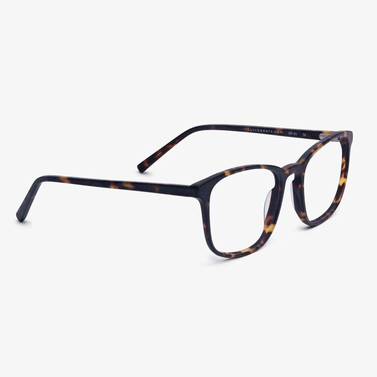 Ebeltoft dark turtle reading glasses with square frames and Luxreaders text on temple