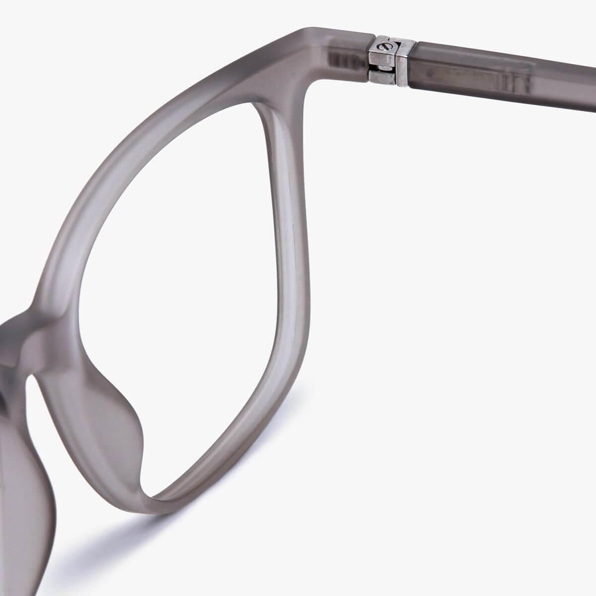 Close-up of women's Fyn grey glasses with metal hinge