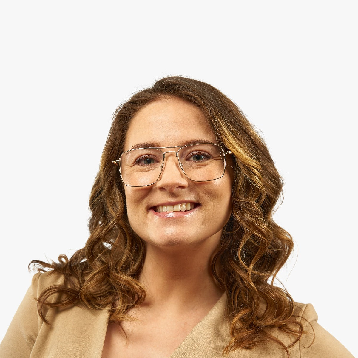 Person wearing Women's Lidköping Gold glasses with gold frames