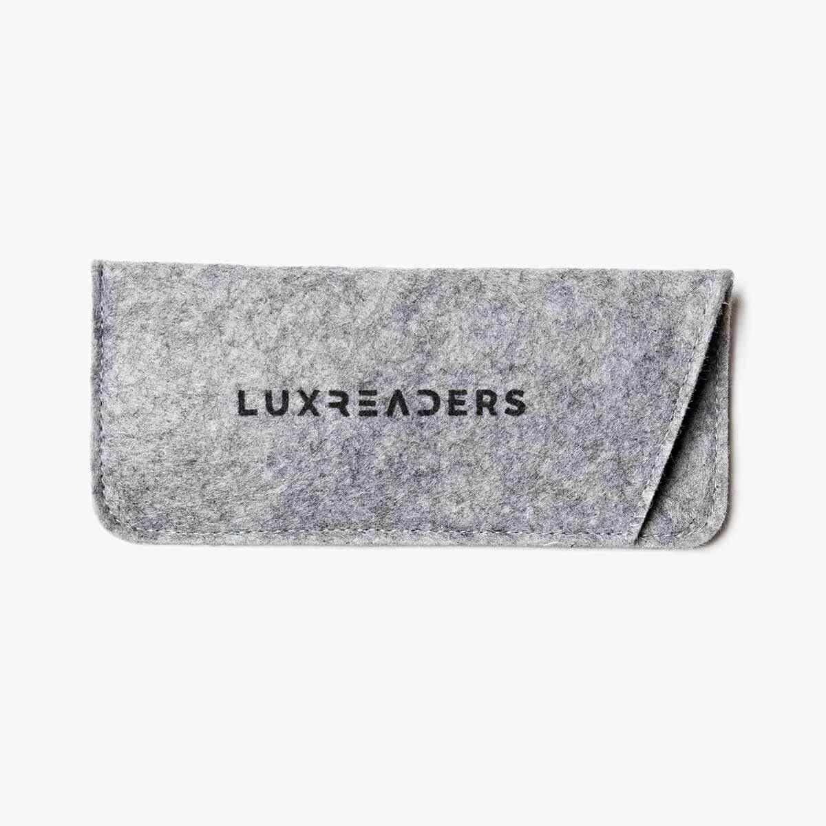 Grey felt Luxreaders case with black logo