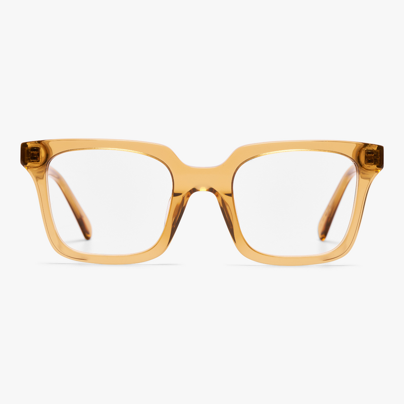 Square crystal caramel glasses with a translucent frame